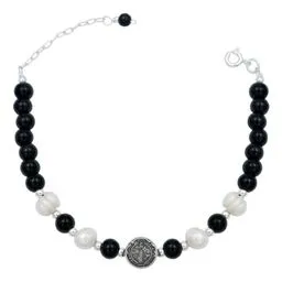 Pulsera Plata 925 San Benito Bolitas Cordón Negro Ajustable Unisex - Imagen 1