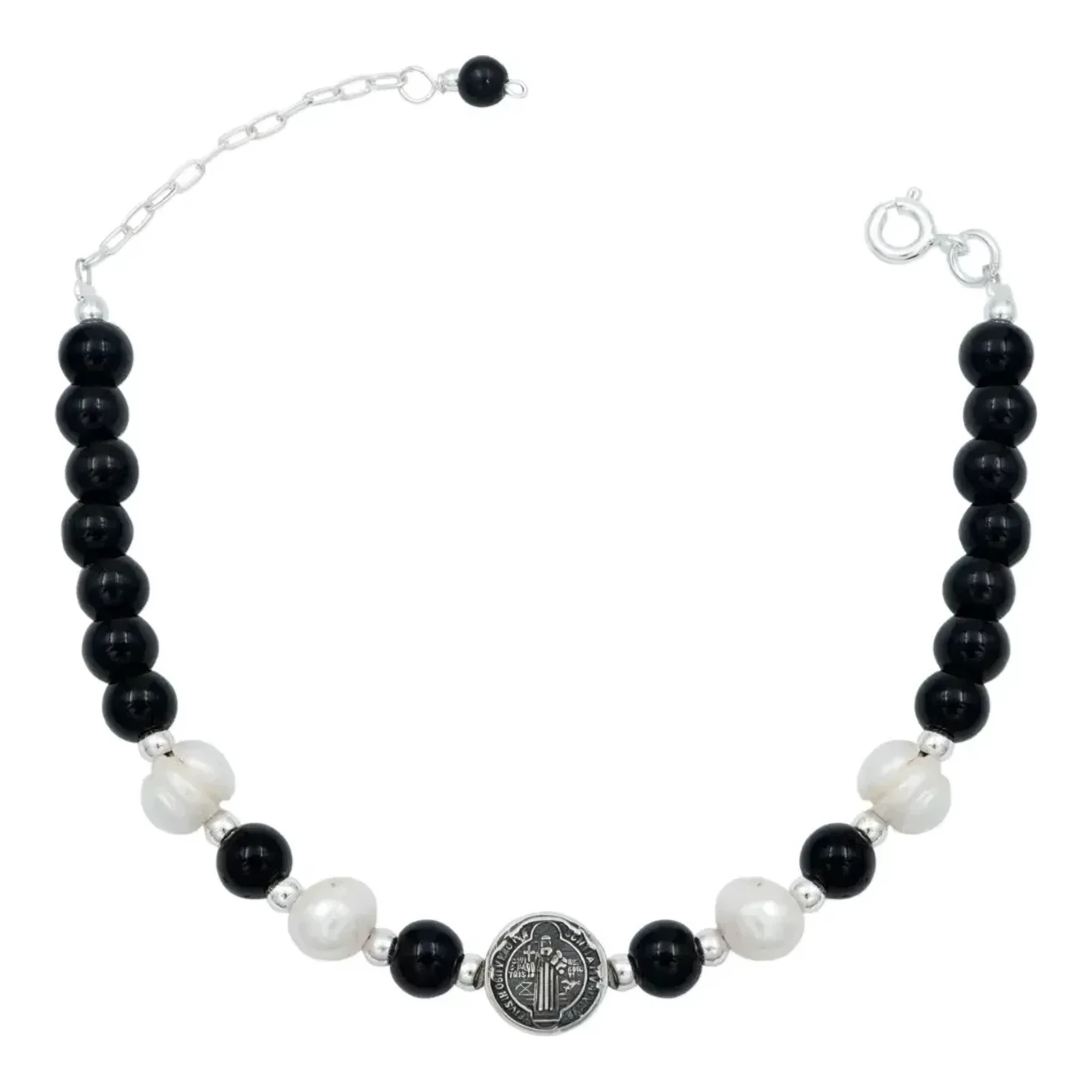 Pulsera medalla San Benito plata .925 con bolitas de plata y dije redondo de diez milímetros en fino cordón negro ajustable
