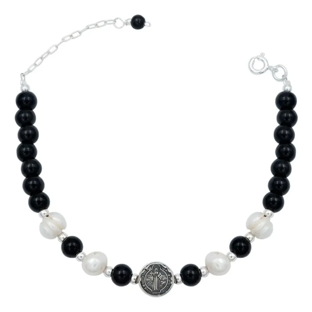 Pulsera Plata .925 San Benito con bolitas de plata y cordón negro ajustable. Joyería de autor unisex con dije redondo de 10mm