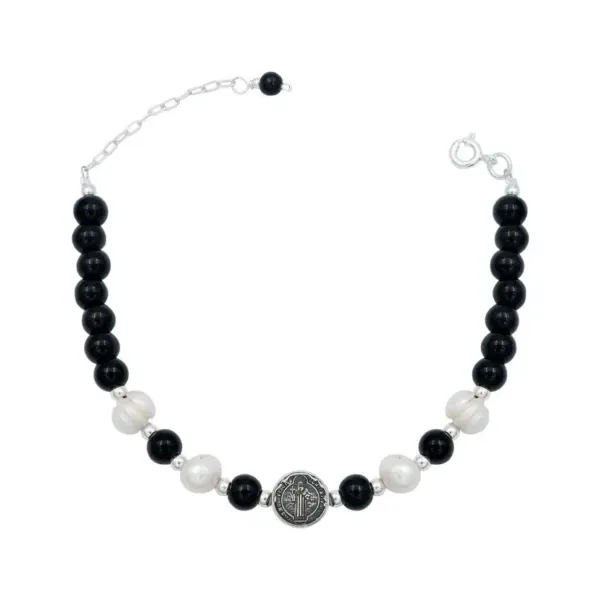 Pulsera Plata 925 San Benito Bolitas Cordón Negro Ajustable Unisex - Imagen 1