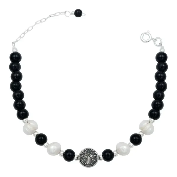 Pulsera Plata 925 San Benito Bolitas Cordón Negro Ajustable Unisex - Imagen 1