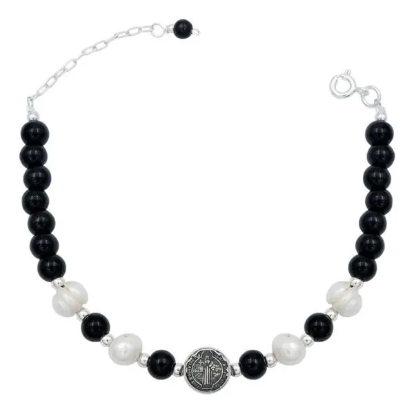 Pulsera Plata 925 San Benito Bolitas Cordón Negro Ajustable Unisex - Imagen 1