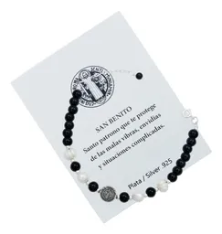 Pulsera Plata 925 San Benito Bolitas Cordón Negro Ajustable Unisex - Imagen 2