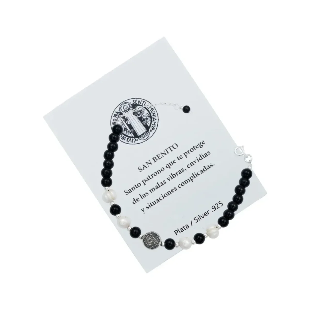 Pulsera Plata 925 San Benito Bolitas Cordón Negro Ajustable Unisex - Imagen 2