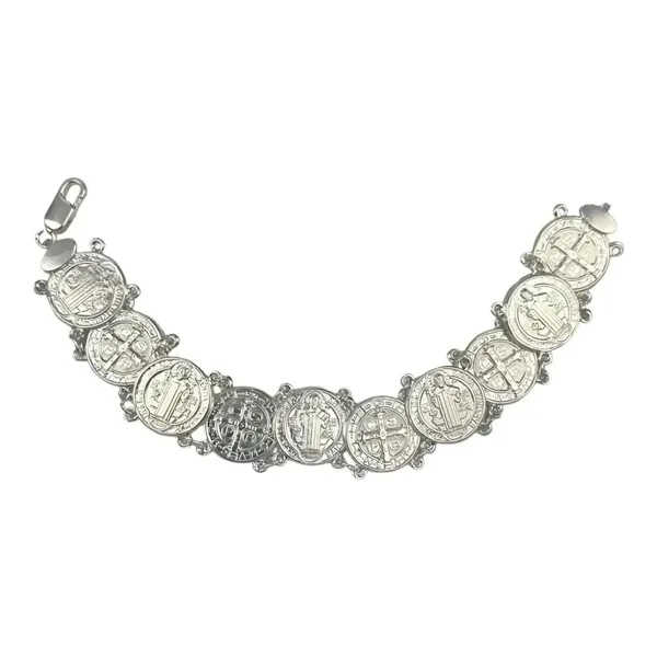 Pulsera San Benito de Plata .925 con medallas lineales troqueladas de 15 mm y 18 cm - Joyaris joyería mexicana