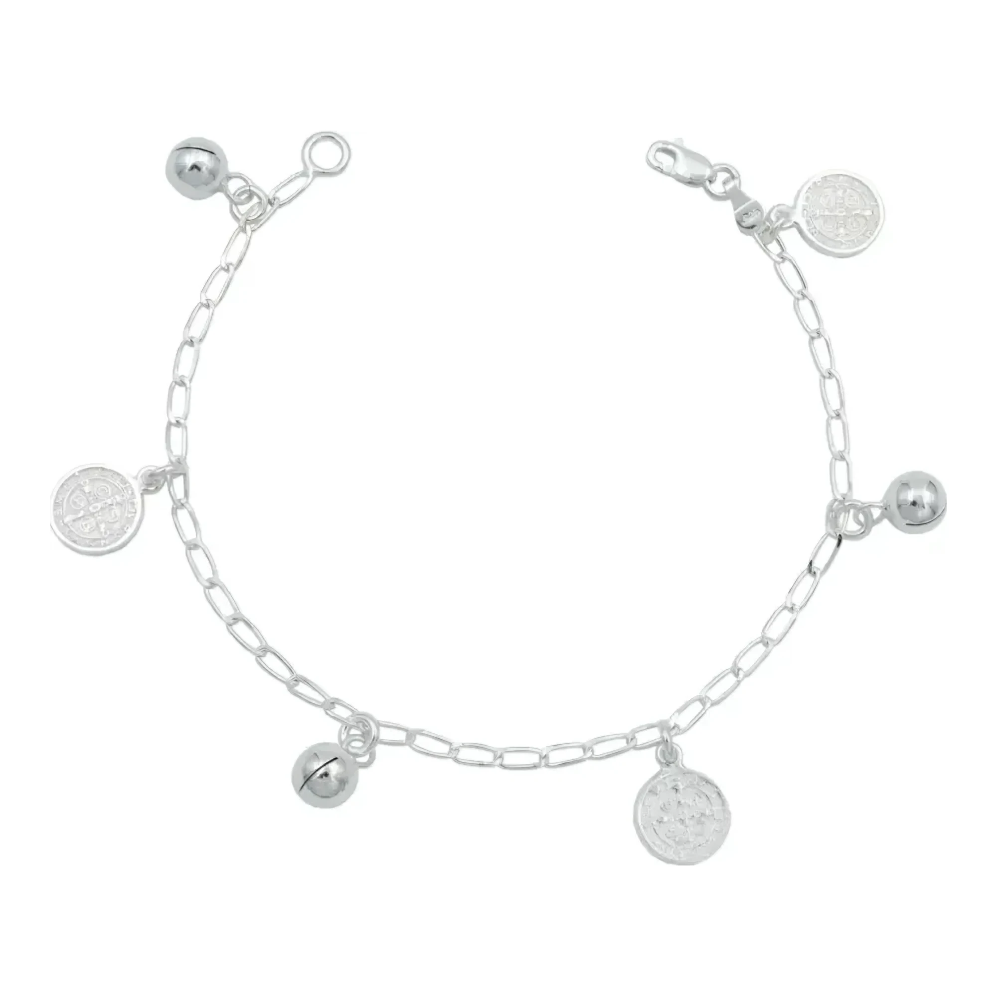 Pulsera de protección San Benito plata .925 medalla redonda diez milímetros doble vista eslabón tres milímetros broche perico