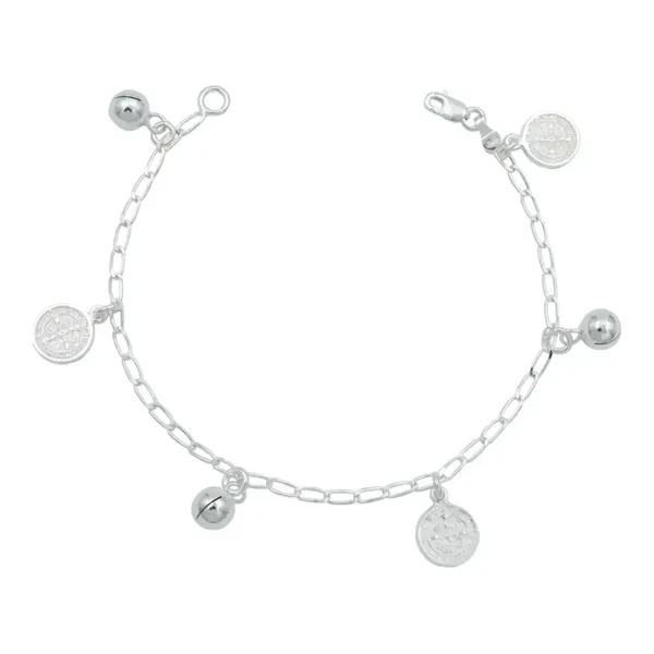 Pulsera de plata .925 plateado medalla San Benito doble vista con cascabel — Joyaris