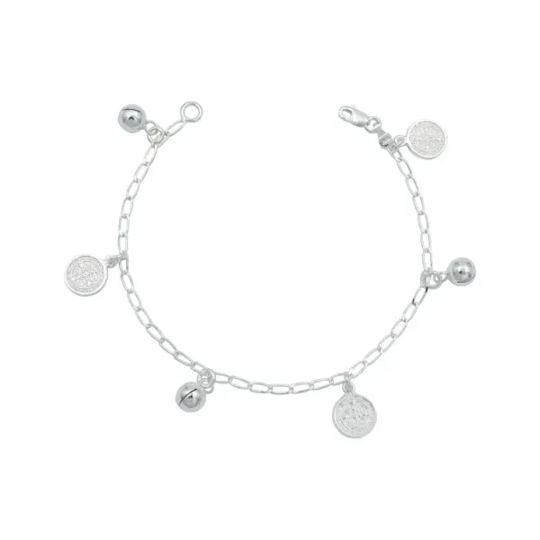 Pulsera de plata .925 plateado medalla San Benito doble vista con cascabel — Joyaris