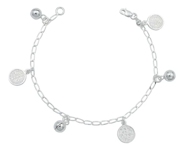 Pulsera de plata .925 plateado medalla San Benito doble vista con cascabel — Joyaris