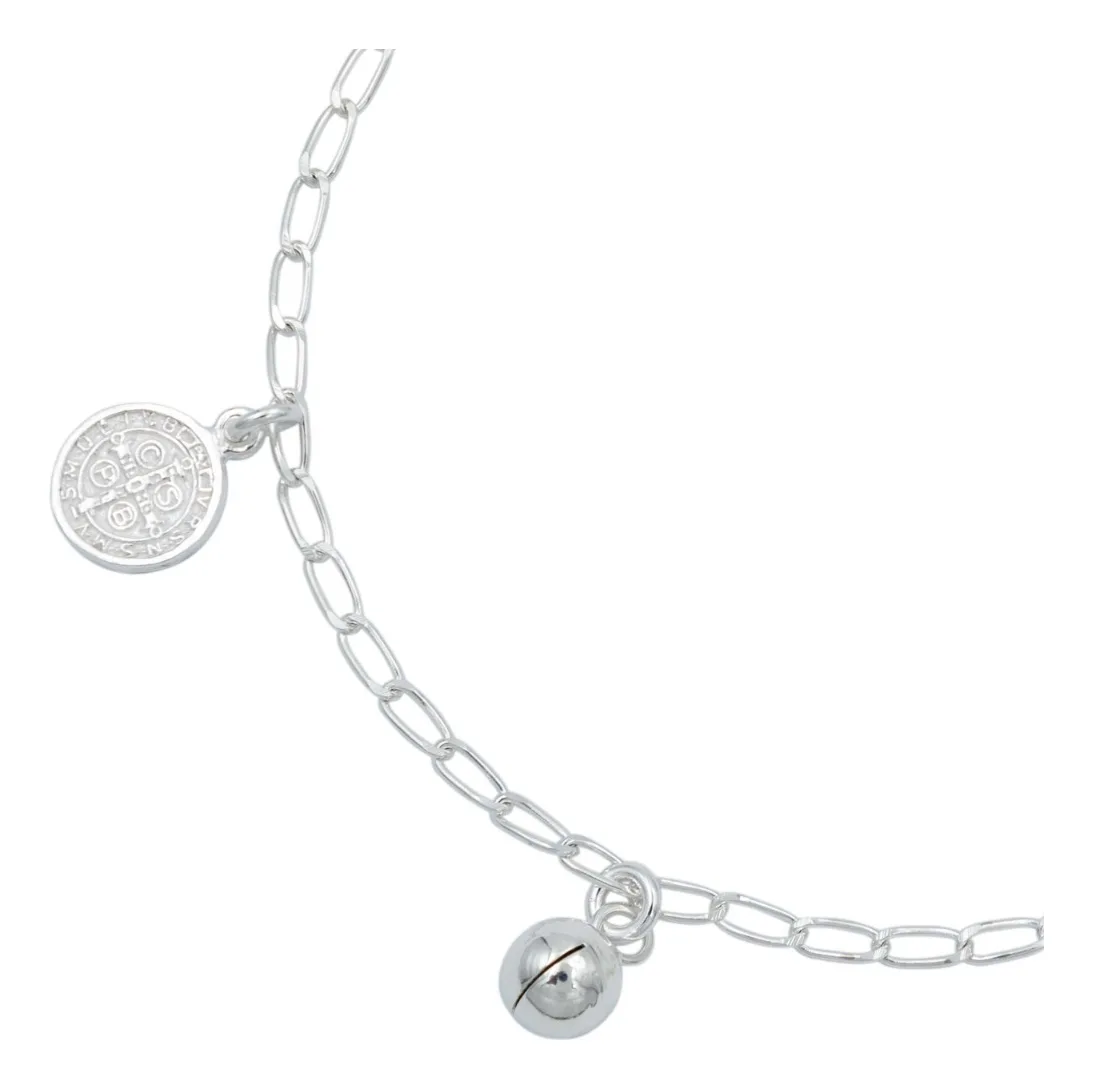 Pulsera de plata .925 plateado medalla San Benito doble vista con cascabel — Joyaris