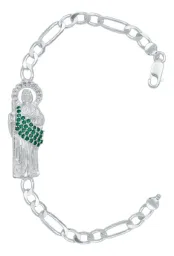 Pulsera Plata 925 San Judas Tadeo Cadena Figaro con Zirconia Verde - Imagen 1