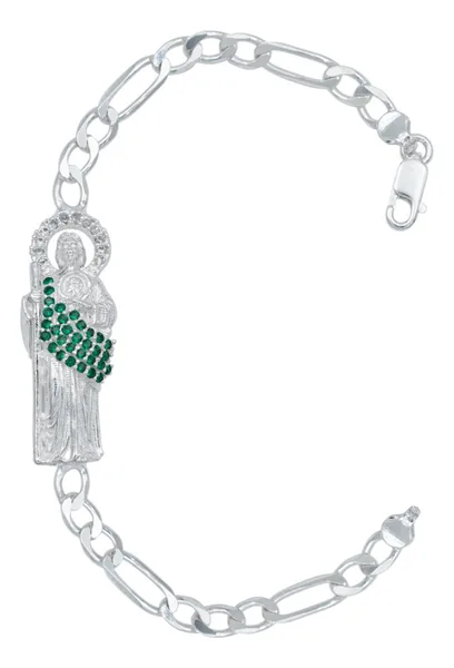 Pulsera Plata 925 San Judas Tadeo Cadena Figaro con Zirconia Verde - Imagen 1