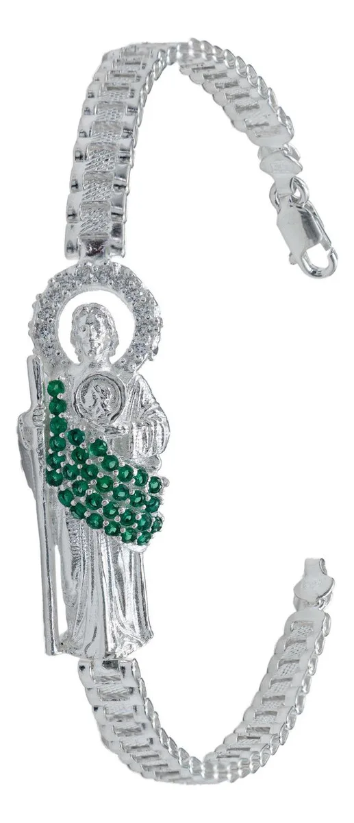 Pulsera de plata .925 verde zirconias San Judas Tadeo rolo dije — Joyaris