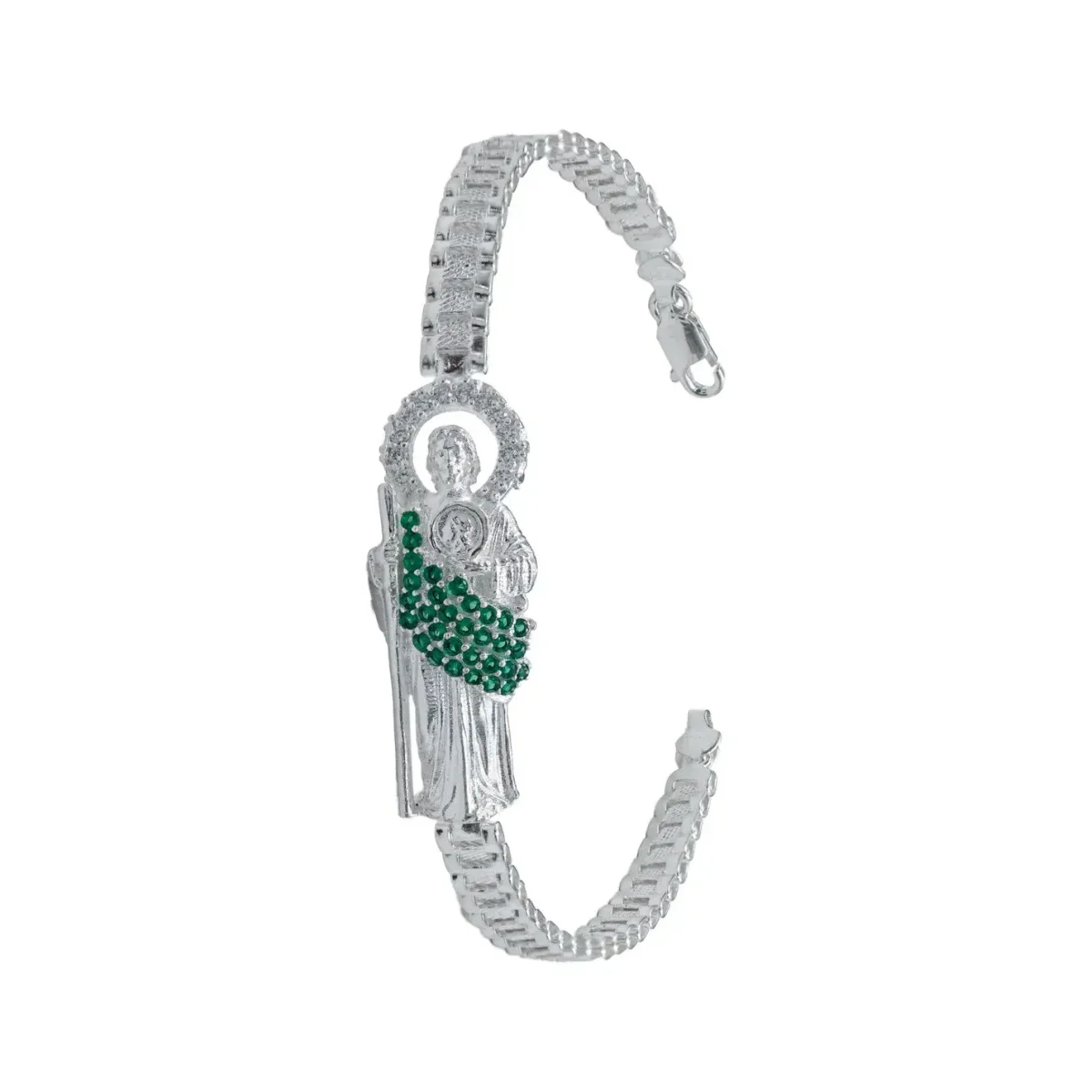 Pulsera de plata .925 verde zirconias San Judas Tadeo rolo ajustable para hombre — Joyaris