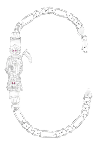 Pulsera de plata .925 blanco zirconias dije santa muerte figaro — Joyaris