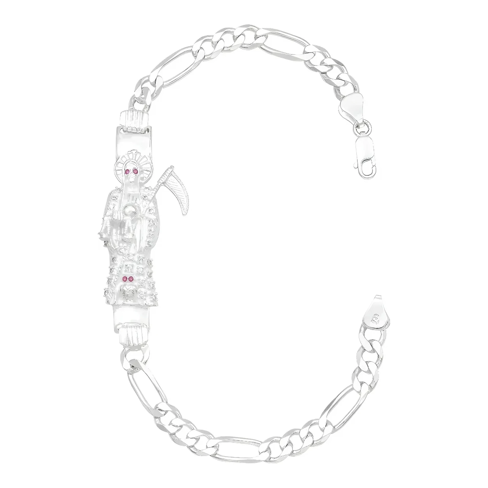 Pulsera Plata 925 Santa Muerte con Zirconias Cadena Figaro para Hombre - Joyaris joyería fina mexicana
