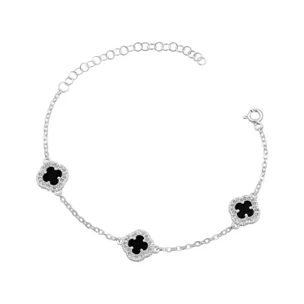 Pulsera de plata .925 negro zirconias 3 treboles ajustables — Joyaris