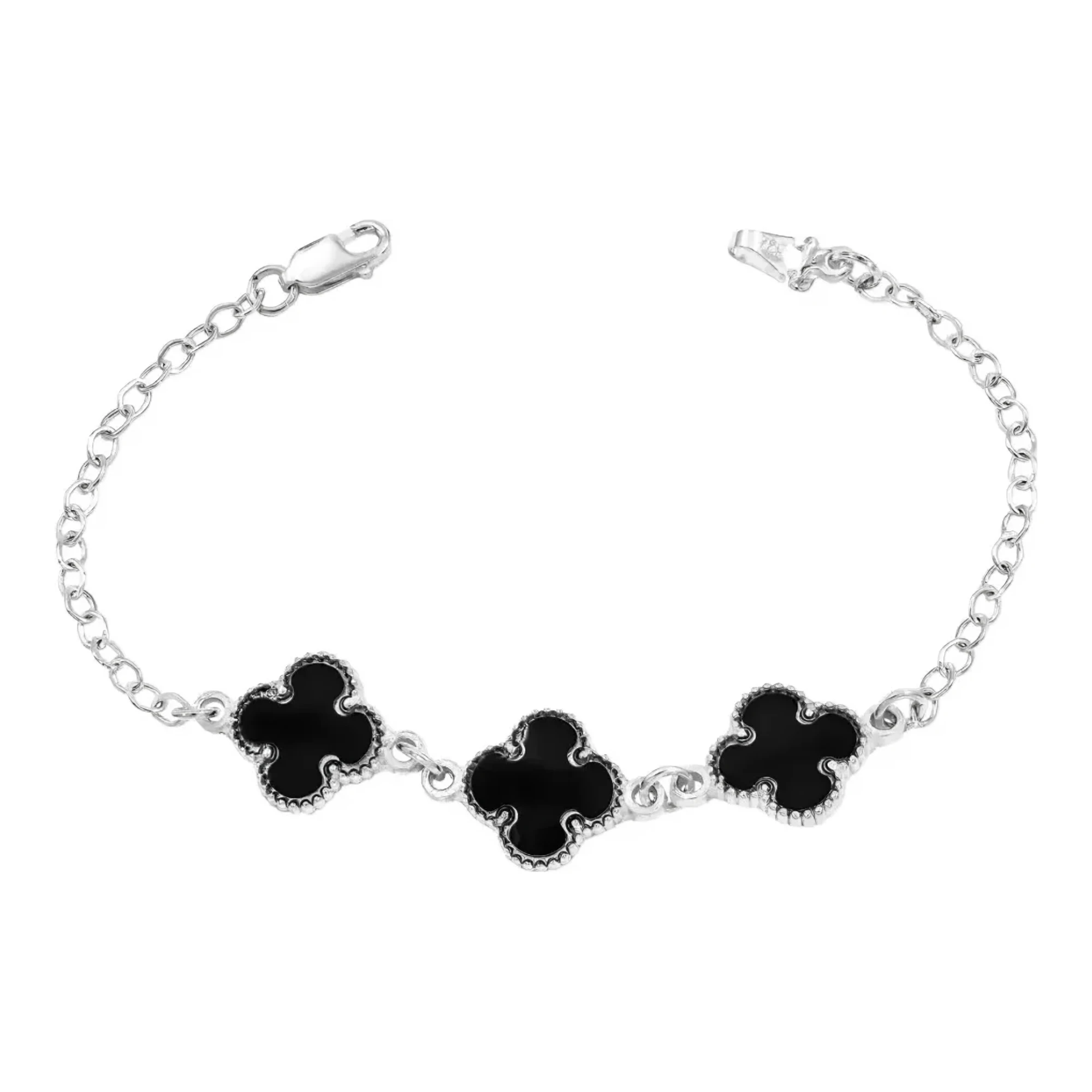 Pulsera trébol negro plata 925 esmaltada con cadena tejido ancla de 3 mm broche perico y tres dijes de la suerte para mujer