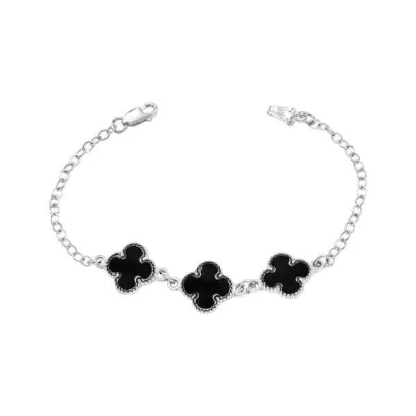 Pulsera Plata 925 Tres Tréboles Esmalte Negro Diseño Tejido Ancla 18cm - Imagen 1