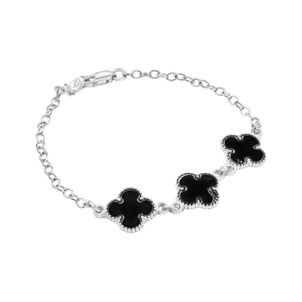 Pulsera Plata 925 Tres Tréboles Esmalte Negro Tejido Ancla - Imagen 2