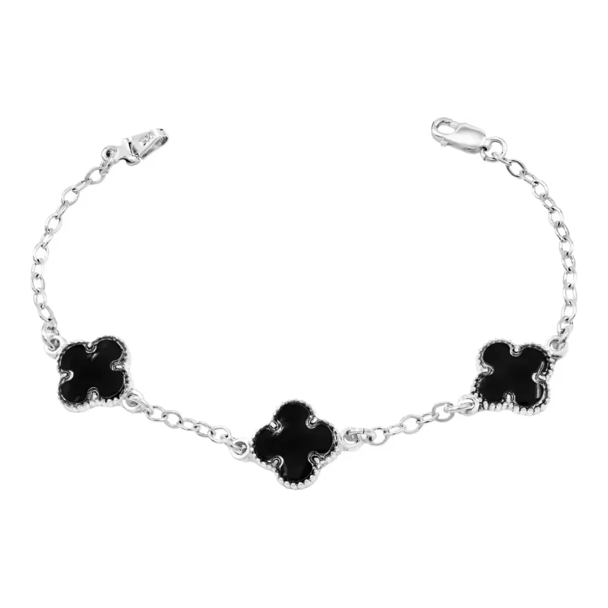 Pulsera trebol negro en plata .925 nacional con tres dijes de cuatro hojas esmaltados y broche perico para mujer