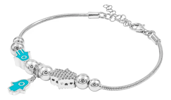 Pulsera de Plata 925 Mano de Fátima y Víbora con Detalle Turquesa Ajustable - Imagen 1