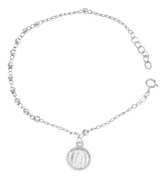 Pulsera Plata 925 Virgen de Guadalupe Bolita Facetada Ajustable - Imagen 1