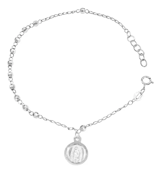 Pulsera de plata .925 Virgen de Guadalupe bolita facetada diseno ajustable — Joyaris