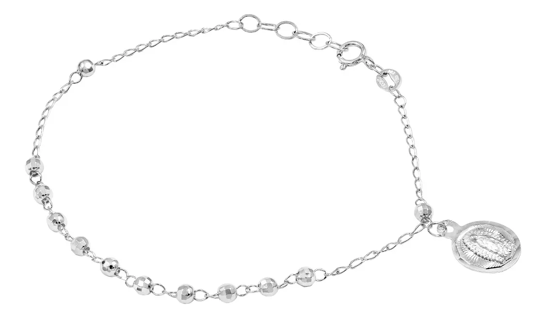 Pulsera de plata .925 Virgen de Guadalupe bolita facetada diseno ajustable — Joyaris