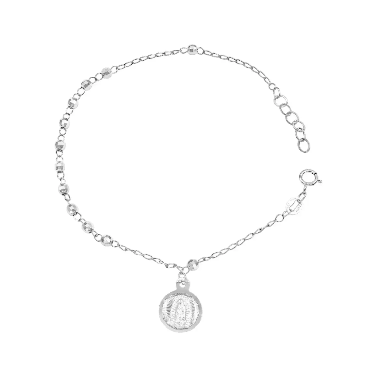 Pulsera Plata .925 Virgen de Guadalupe, bolitas facetadas, broche reasa. Joyería artesanal mexicana con simbolismo espiritual