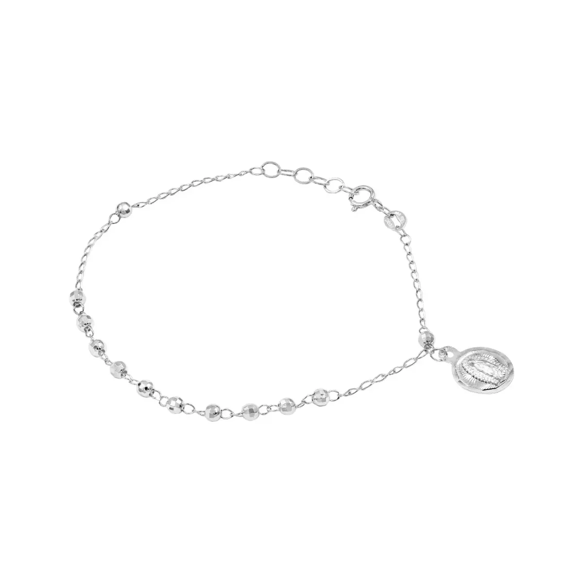 Pulsera Plata 925 Virgen de Guadalupe Bolita Facetada Ajustable - Imagen 2