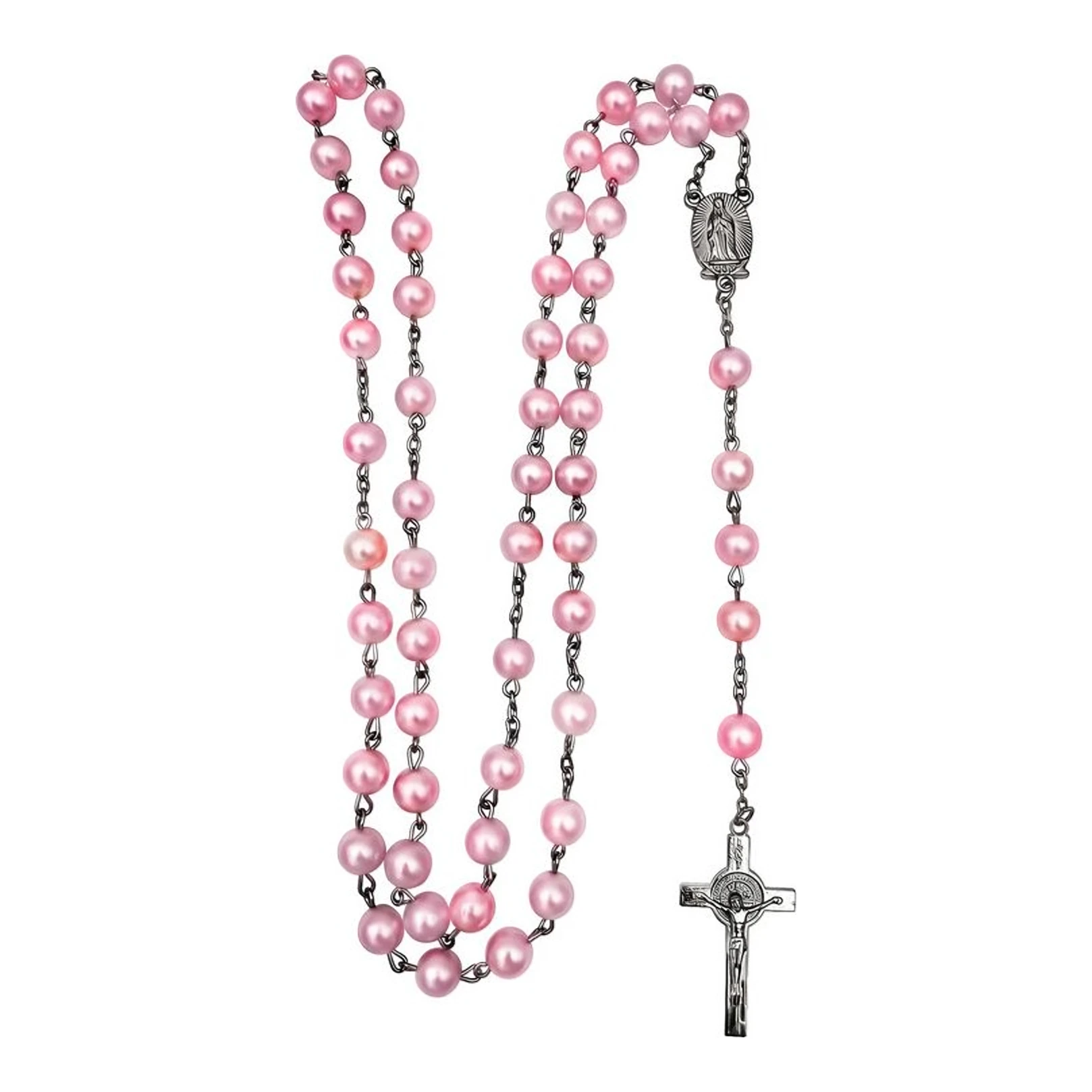 Rosario Virgen de Guadalupe de 80 cm con perlas artificiales rosa y cruz esmaltada Joyaris