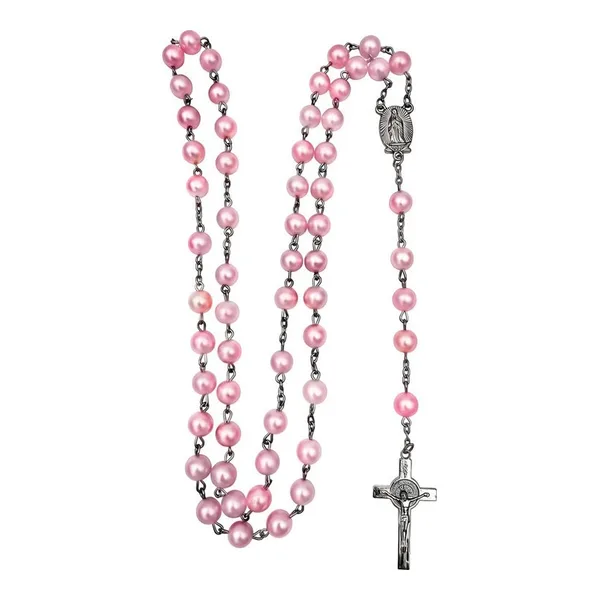 Rosario Virgen de Guadalupe de 80 cm con perlas artificiales rosa y cruz esmaltada Joyaris