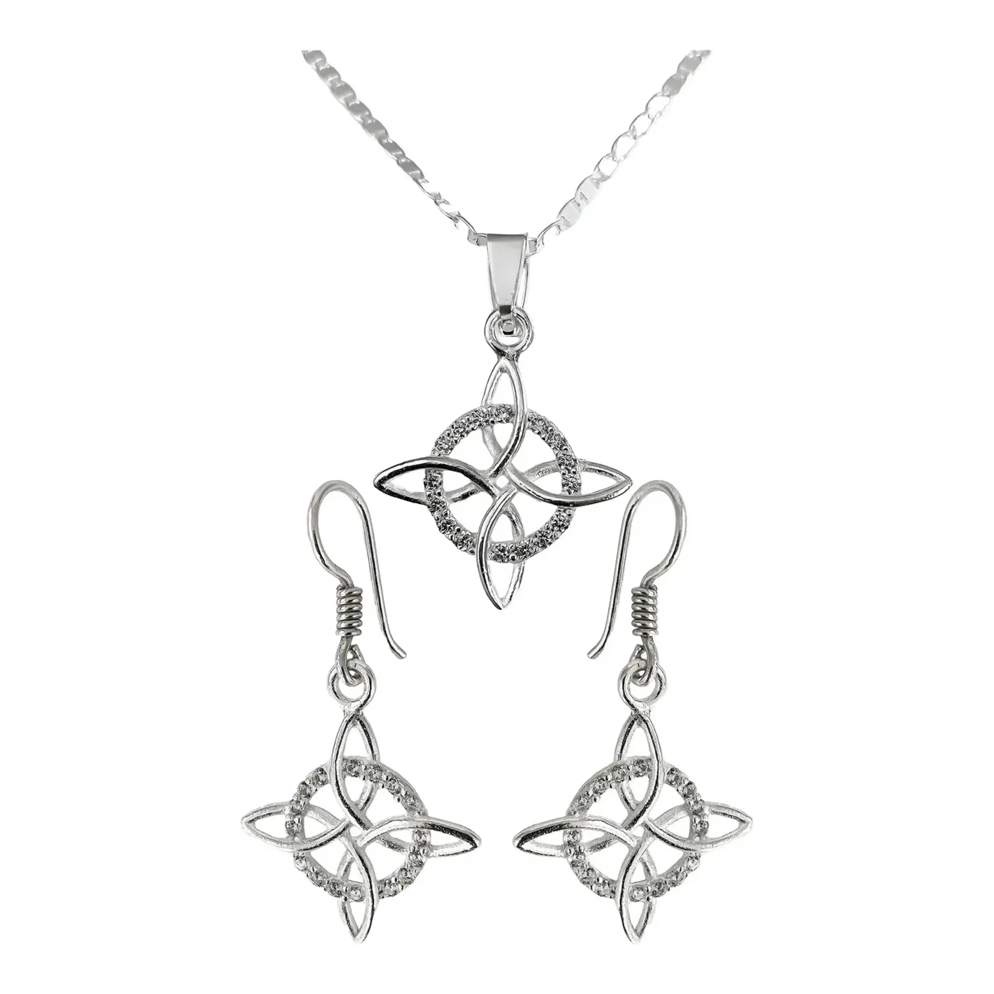 Set collar y aretes nudo de bruja plata 925 mexicana con zirconias blancas y cadena marinera dije celta amuleto protector