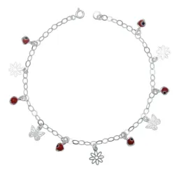 Tobillera Plata 925 Flor Mariposa Ojo Turco Rojo - Imagen 1