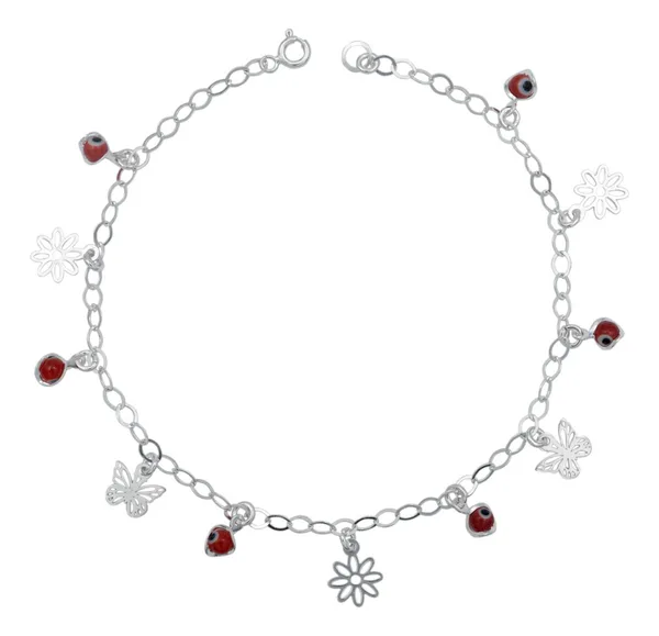 Tobillera de plata .925 rojo flor mariposa ojo turco dije — Joyaris
