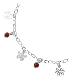 Tobillera Plata 925 Flor Mariposa Ojo Turco Rojo - Imagen 2