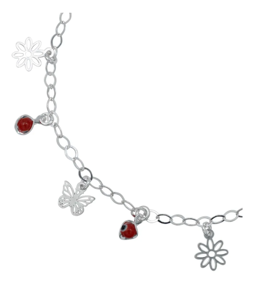 Tobillera de plata .925 rojo flor mariposa ojo turco dije — Joyaris
