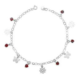 Tobillera Plata 925 Flor Mariposa Ojo Turco Rojo - Imagen 1