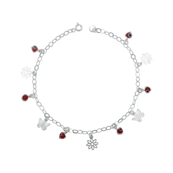 Tobillera de plata .925 rojo flor mariposa ojo turco dije — Joyaris