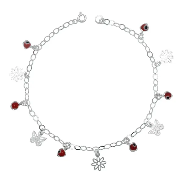 Tobillera de plata .925 rojo flor mariposa ojo turco dije — Joyaris