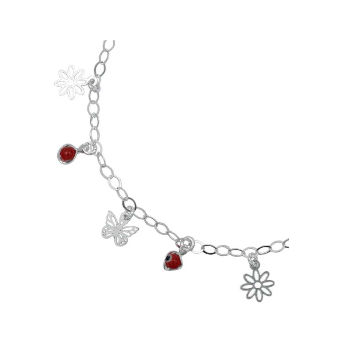 Tobillera Plata 925 Flor Mariposa Ojo Turco Rojo - Imagen 2