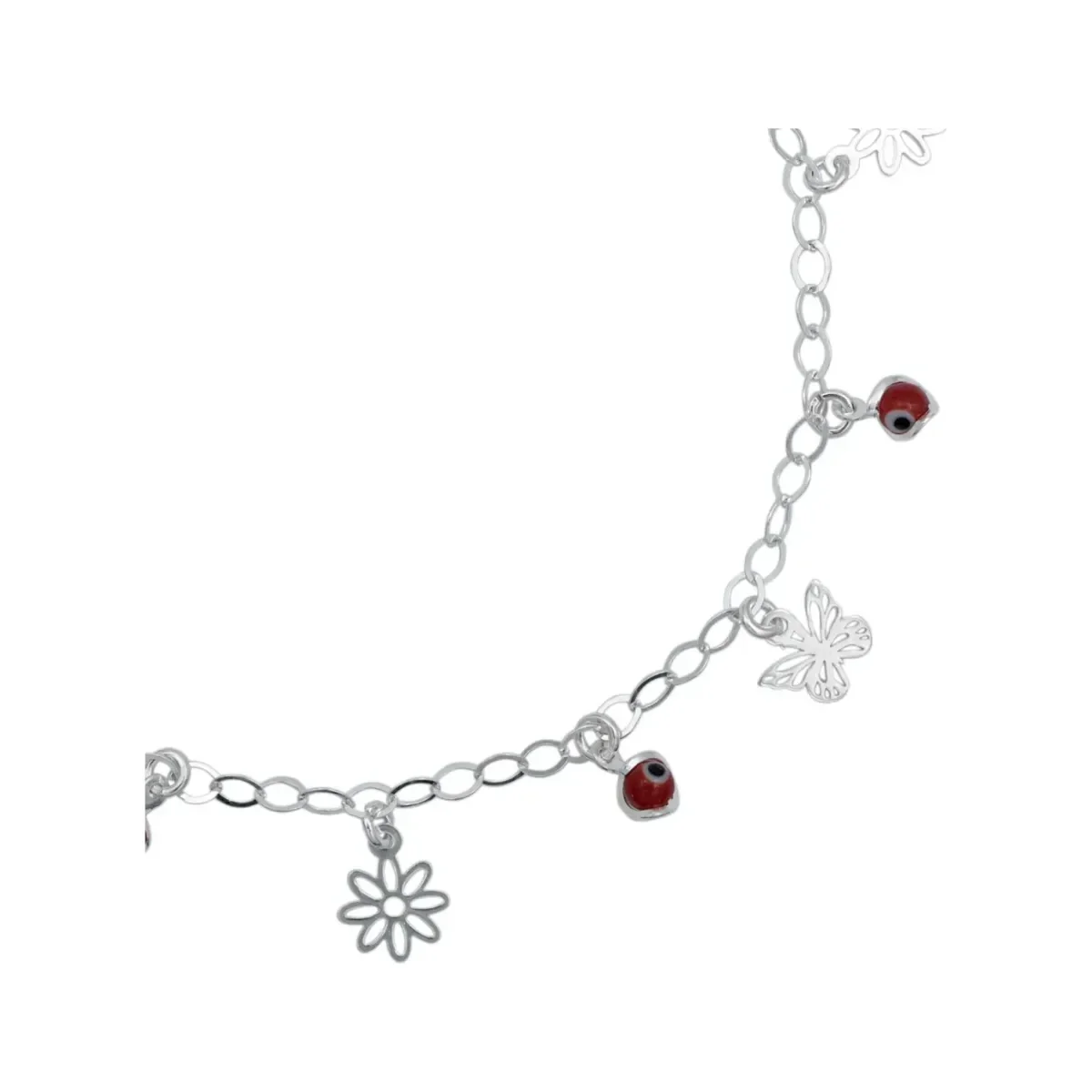 Tobillera Plata 925 Flor Mariposa Ojo Turco Rojo - Imagen 3