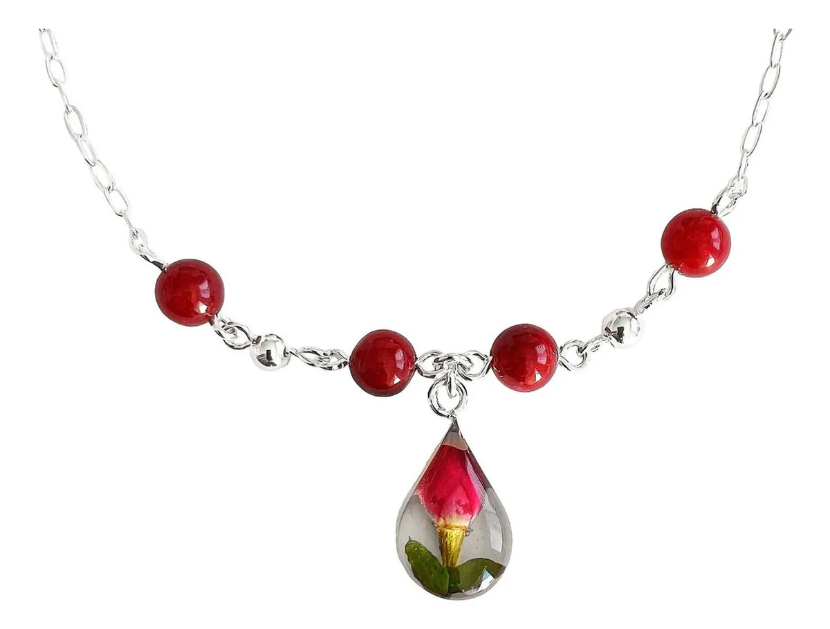 Tobillera Plata 925 Cuarzos Naturales Flores Encapsuladas Diseño Lágrima - Imagen 1