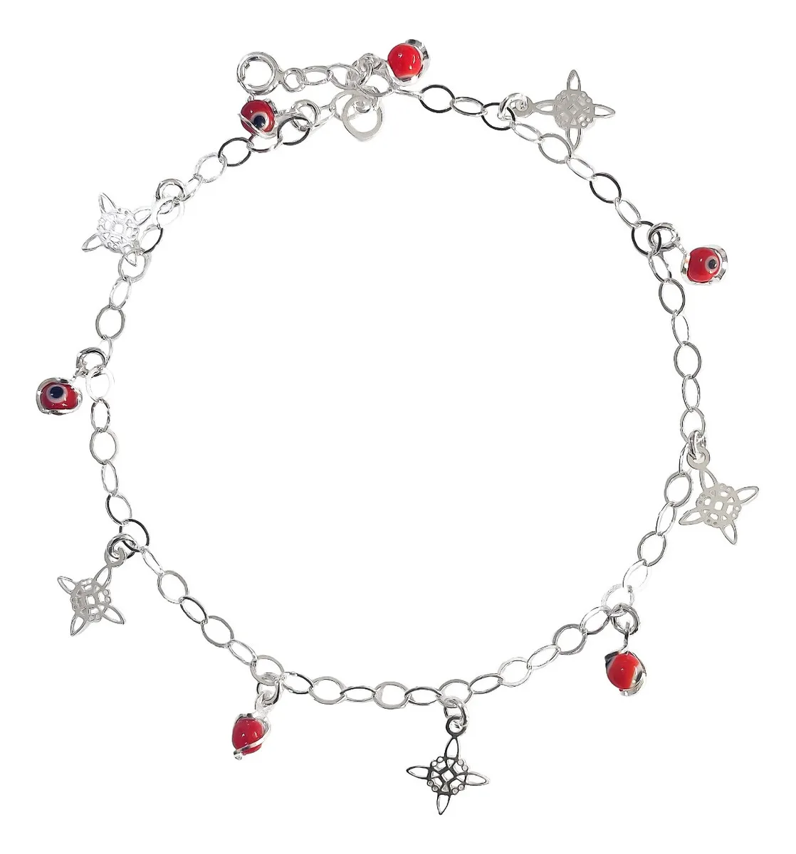 Tobillera Plata .925 ajustable con Nudo de Bruja y Ojo Turco Rojo. Joyería esotérica, amuleto de protección energética y esti