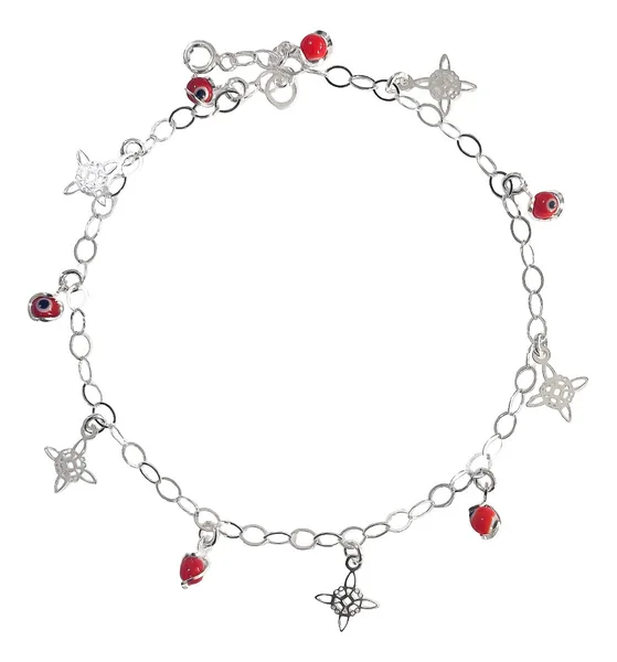Tobillera Plata 925 Nudo de Bruja y Ojo Turco Rojo Ajustable - Imagen 1