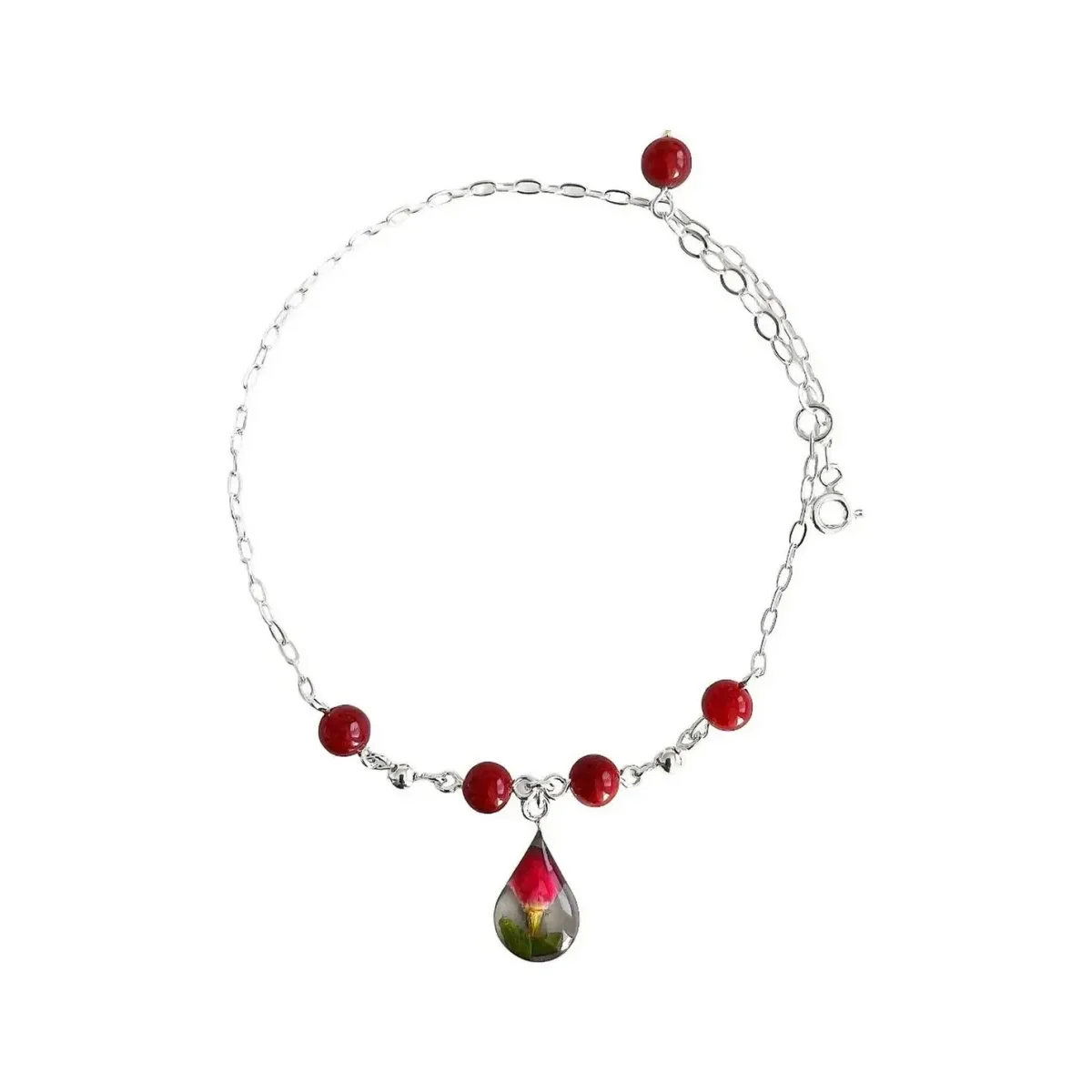 Tobillera de Plata .925 Nacional ajustable, diseño lágrima con cuarzos naturales y flores encapsuladas. Joyería ética y suste