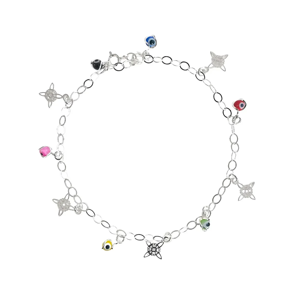 Tobillera mujer Plata .925 Nudo de Bruja Ojo Turco multicolor. Joyería mística con significado espiritual y protección, diseñ