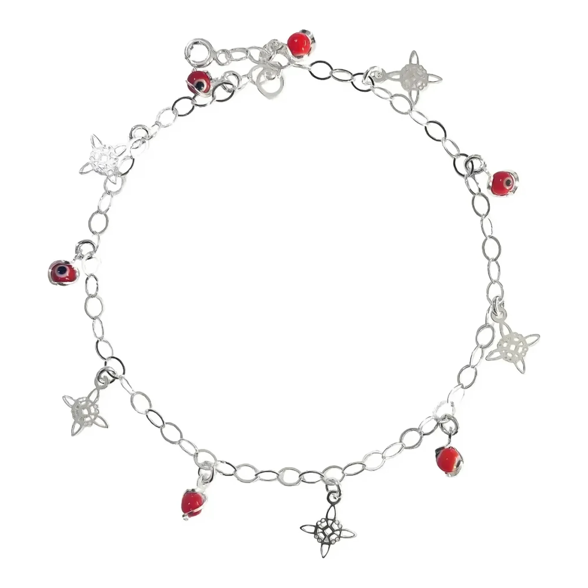 Tobillera plata .925 con dije nudo de bruja laser de 13 mm y ojo turco rojo ajustable con broche bandola de 25 cm para mujer