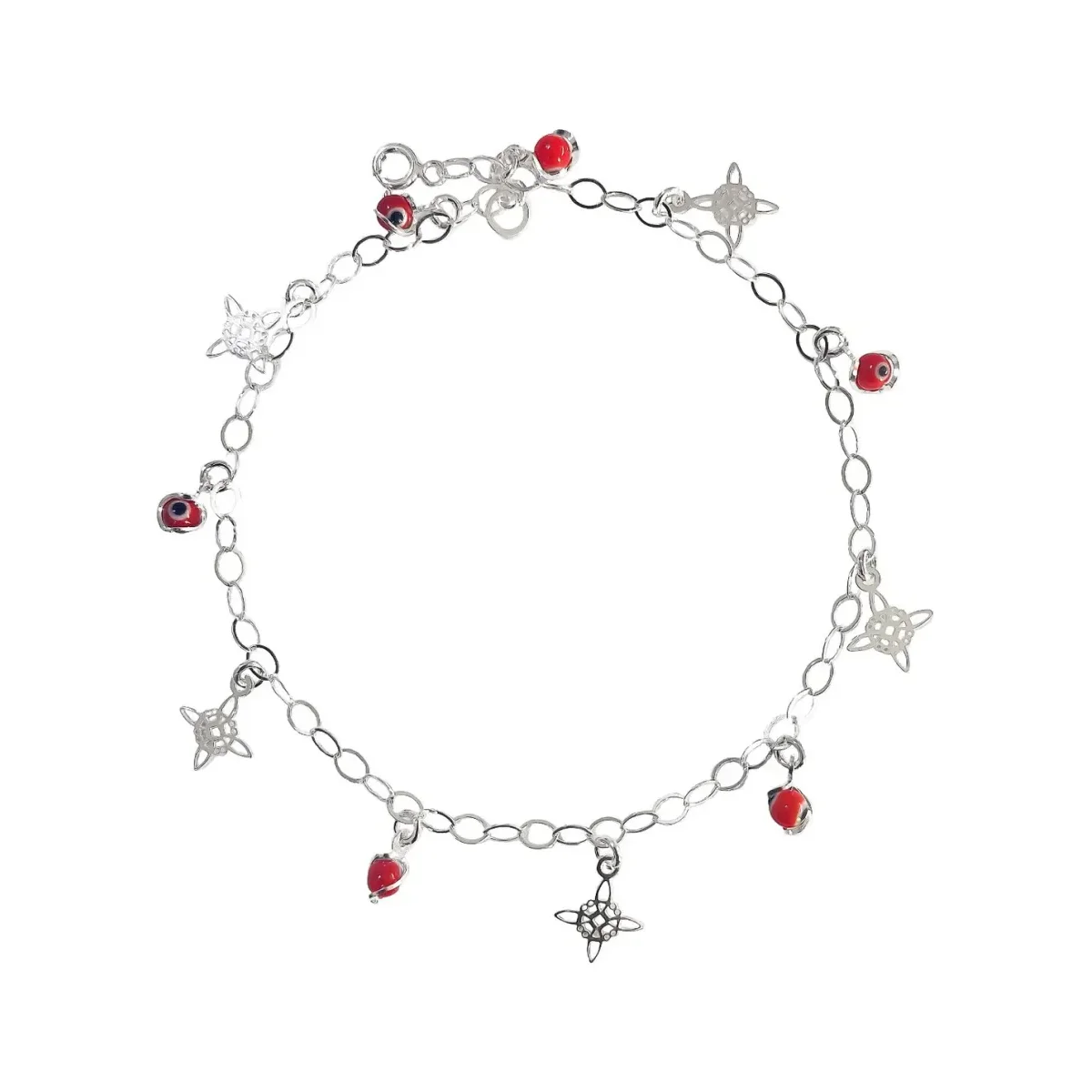 Tobillera de plata .925 ajustable con Nudo de Bruja y Ojo Turco Rojo. Joyería mística esotérica, amuleto de protección energé